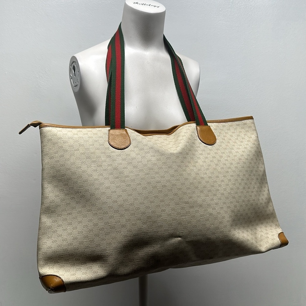 Gucci Signature East West Tote Shoulder Bag Purse Vintage 1980's Cream Tan Red - Picture 7 of 16